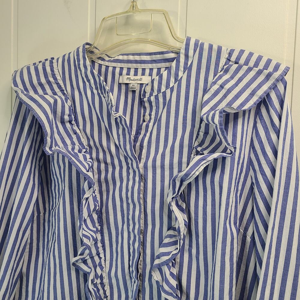 Madewell Striped Ruffle-Front Button Blouse XL Cotton Blue Long Sleeve - Picture 5 of 7